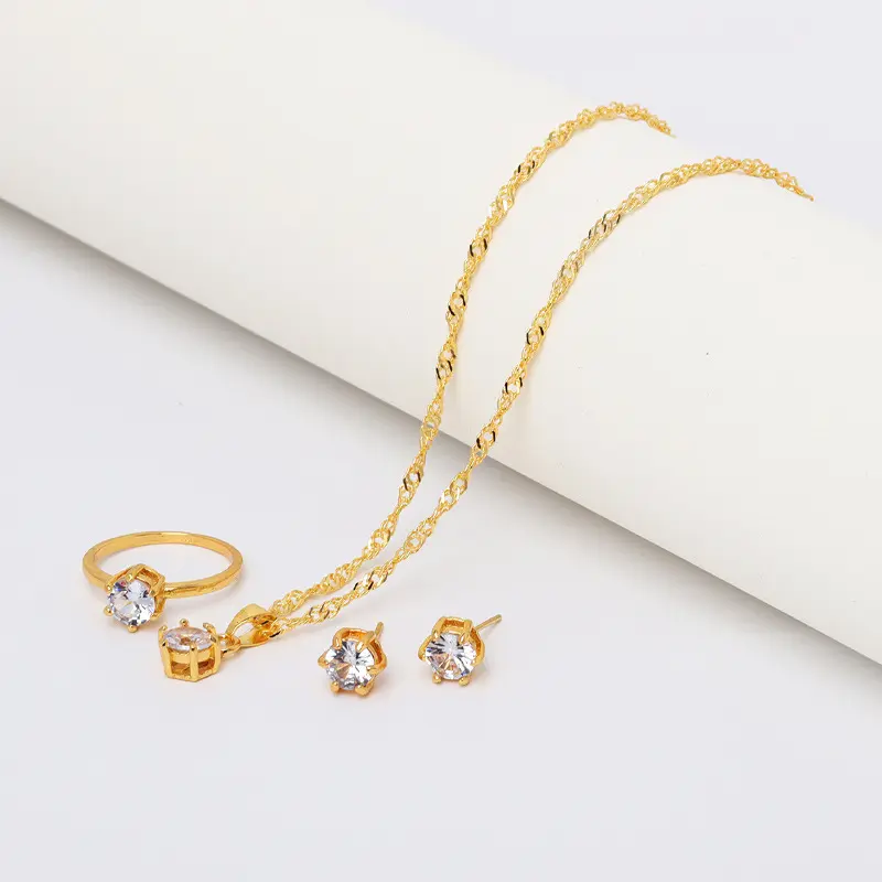Fine Jewelry Metal Fashion Simple Pendant Classic Hexaclaw Zircon Necklace Women's Temperament Wild Ring Earrings 3-Piece Set