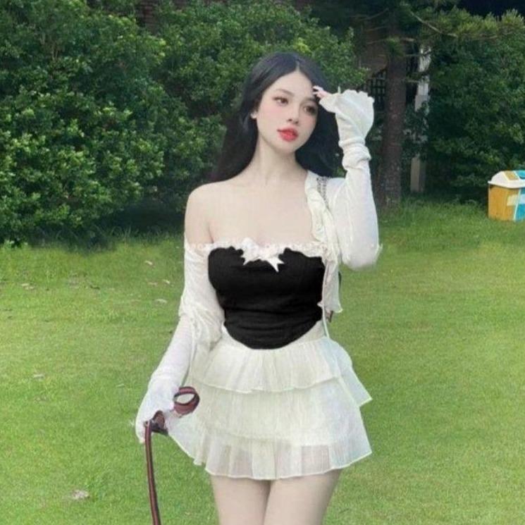 Set đồ 3 món áo quây chất thun tăm phối ren kèm áo khoác tay dài mix chân váy voan tầng có lót trong cho nàng diện đi chơi. Women Nữ Đen