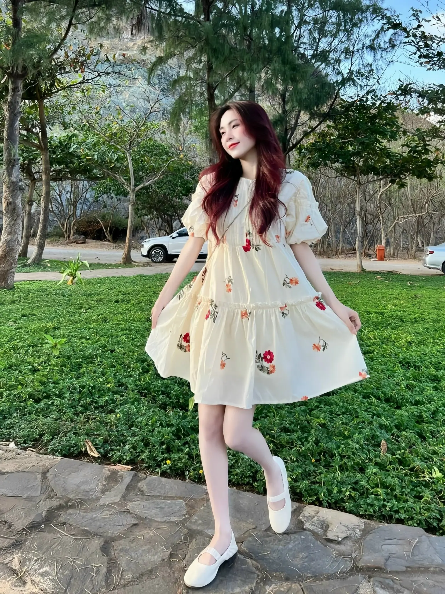 [Mới] Đầm Babydoll Voan Hoa Tay Phồng Dập Ly Ngực
