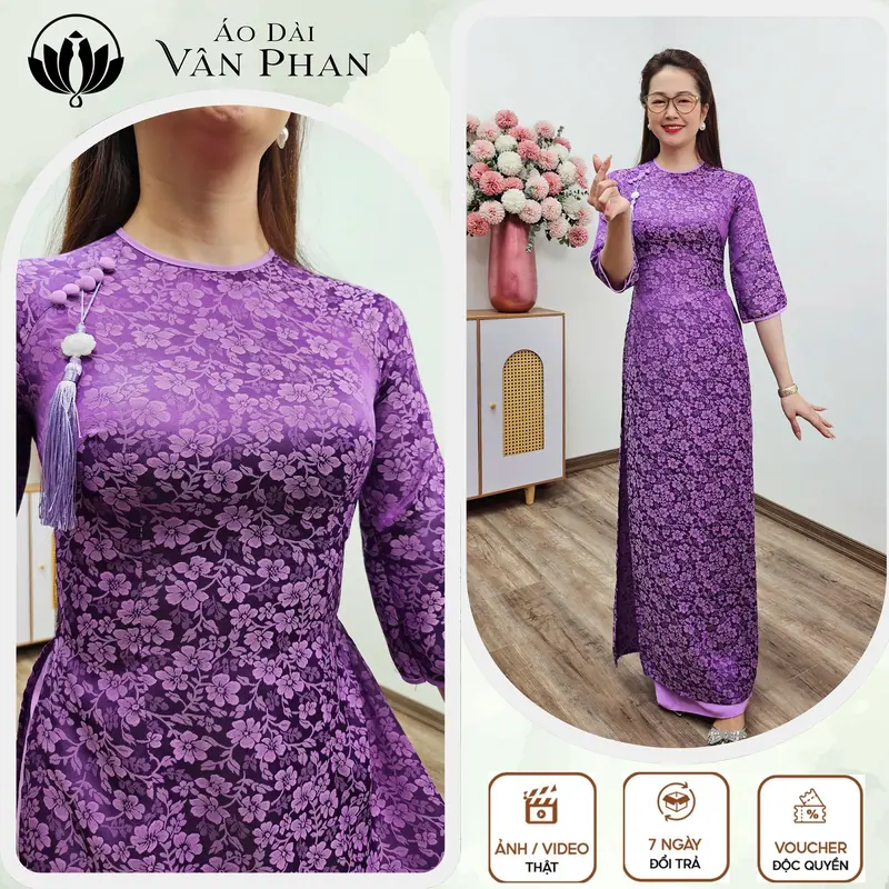 Áo dài cổ khít tay loe gấm thanh liễu tím viền tím cà đính cúc - A2841 (Thương hiệu: áo dài Vân Phan) 2