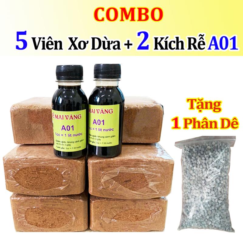 DongQue1930 Combo 5 Viên Nén Xơ Dừa Hữu Cơ 500g + 2 Chai Kích Rễ Mai Vàng A01 + Phân Bón Dịch Chuối + Đạm Cá Hữu Cơ + Tặng Phân Dê