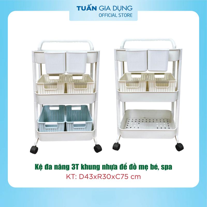 Kệ đa năng 3 tầng KHUNG NHỰA có tay đẩy, bánh xe xoay 360 đồ, Kệ đựng đồ mẹ bé, đừng đồ nhà bếp, rổ đan mây, giỏ treo đồ, Kệ đựng đồ dùng Nhà Bếp Kitchen