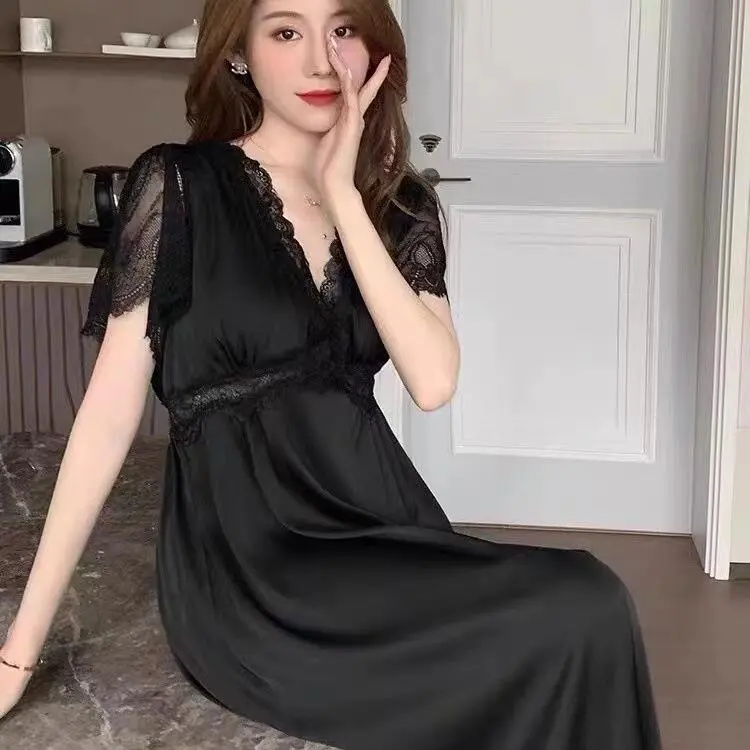 Váy Ngủ Ren Lụa Băng Cho Nữ, Đồ Ngủ Ngắn Tay, Gợi Cảm, Có Đệm Ngực