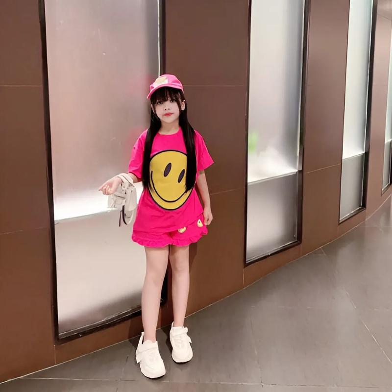 4-14 TUỔI Bộ quần áo bé gái áo cộc tay in hình mặt cười dễ thương chất vải cotton mềm mịn.M19 6