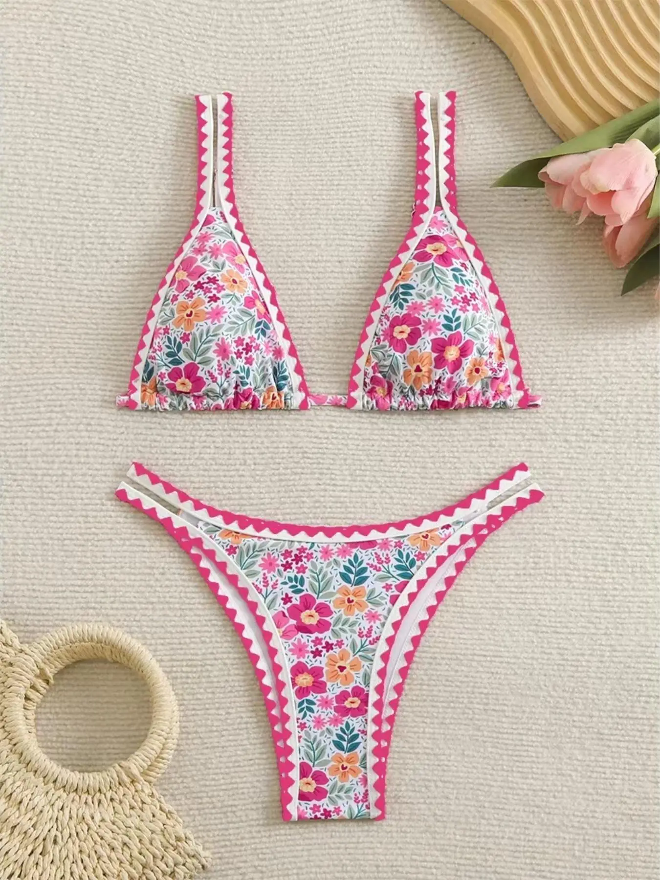 Women's Floral Print Tie Back Bikinis Set, Casual Sleeveless Triangle Swim Bra & High Cut Swim Bottom, Chic Ladies Bathing Suit for Summer Beach