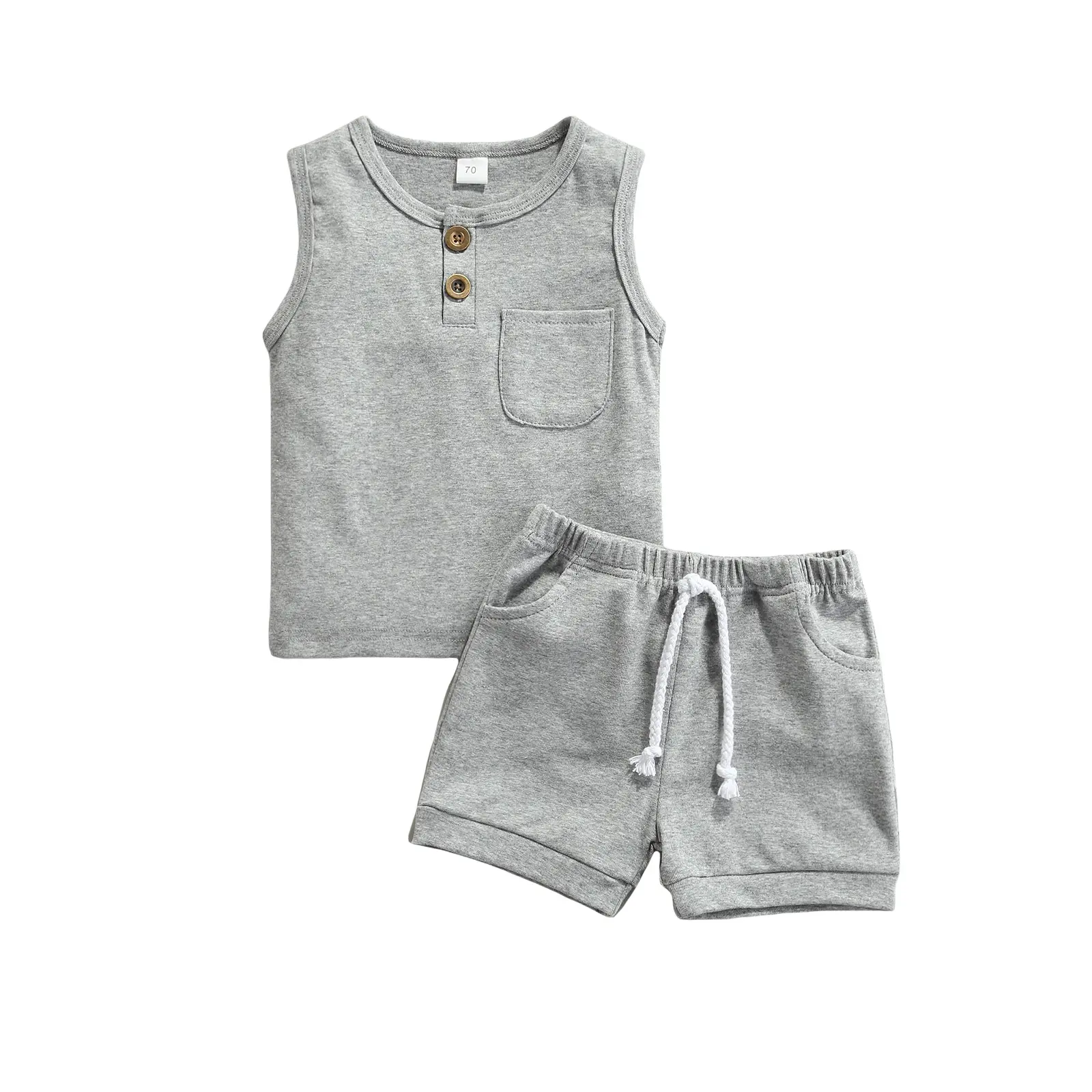 2 Pcs Newborn Summer Outfits, Baby Solid Color Round Neck Tank Tops with Pocket + Drawstring Shorts