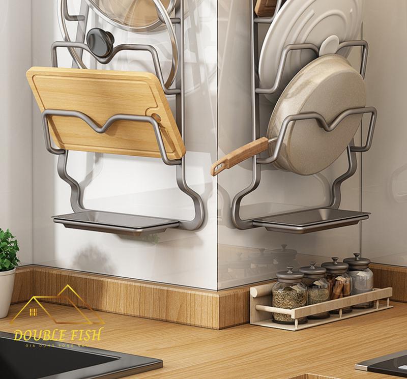 Giá/Kệ để vung nồi, nắp nồi, treo tường sang trọng, gắn tường bằng keo chịu lực 10KG, có khay hứng nước tiện lợi Kitchen