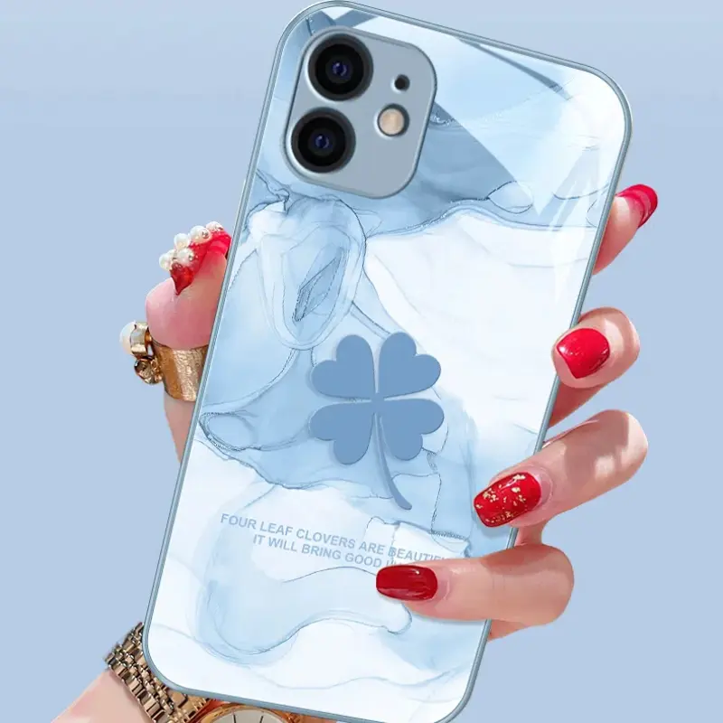 Ốp Điện Thoại Cỏ Bốn Lá, Thiết Kế May Mắn, Tương Thích Với iPhone 14 Pro Max / 14 Plus / 13 Pro Max / 12Pro Max / 11 Pro Max / XS Max / XR, Ốp Điện Thoại Xu Hướng Chống Sốc, Chất Liệu Kính, Keo Mềm TPU 2