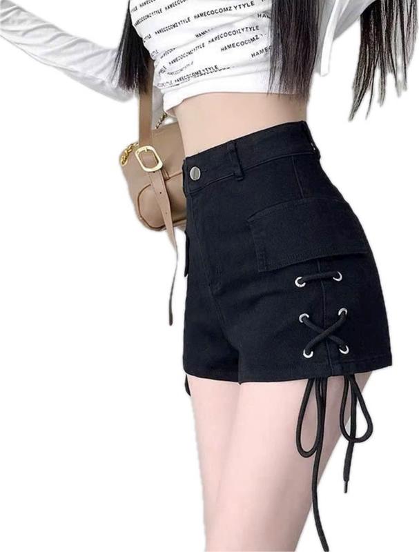 {QUẦN TẾT} Quần short kaki lưng cao phối DÂY RÚT Quần sóc họa tiết rút dây 2 bên có nắp túi Quần đùi ôm body sành điệu Nữ Women Pants - Nghiên