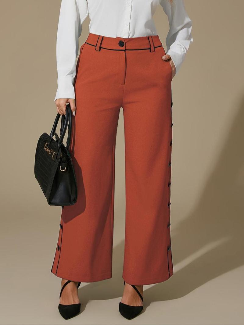 Product Introduction of Women's Colorblock Button Wide Leg Pants, Casual Comfy High Waist Trousers for Daily Wear, Ladies Bottoms for All Seasons 11