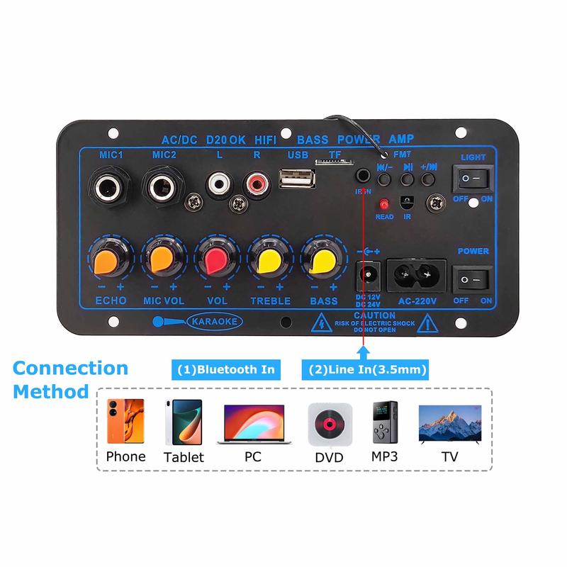 Product Introduction of 220v 12v 24v Digital Bluetooth 5.0 Karaoke Amplifier Board HiFi Stereo Subwoofer Dual Microphone Amplifiers For 8-12 Inch Speaker 43