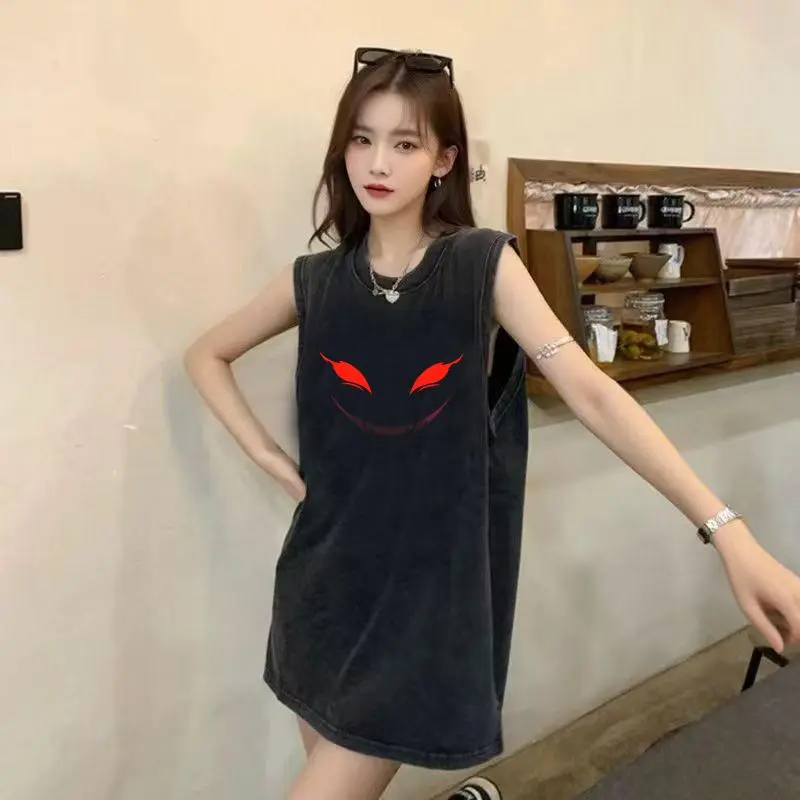 Kaos tanpa lengan gaya Amerika untuk pria dan wanita, gaya retro musim semi, katun murni yang dicuci dengan efek usang, trendi, longgar, serbaguna, rompi olahraga untuk remaja, rompi pria, atasan rompi wanita
