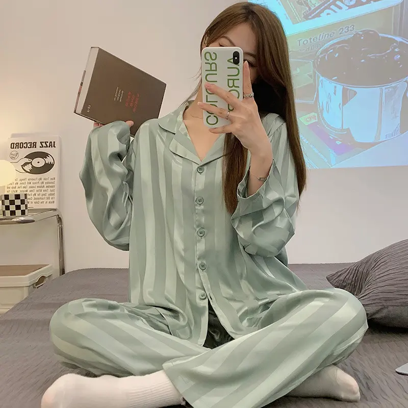 GS1240 banyak Motif piyama kancing satin baju tidur setelan wanita lengan panjang 2