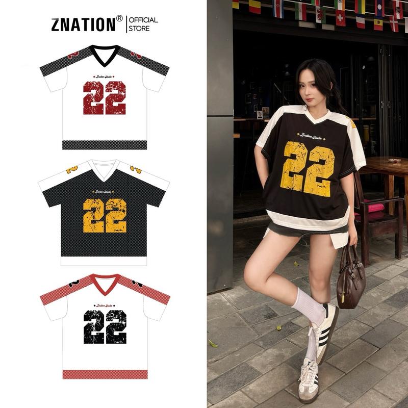 Áo Lưới Phối Thể Thao Ngắn Tay ZNATION Form Boxy Nam Nữ Cổ Chữ V Hình In