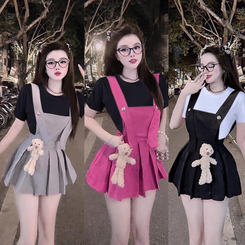 BIGSIZE HIẾU HIẾU (55-95KG) - Set bộ thời trang nữ dễ thương Áo thun tay ngắn + Yếm dạng váy dập li dáng xoè