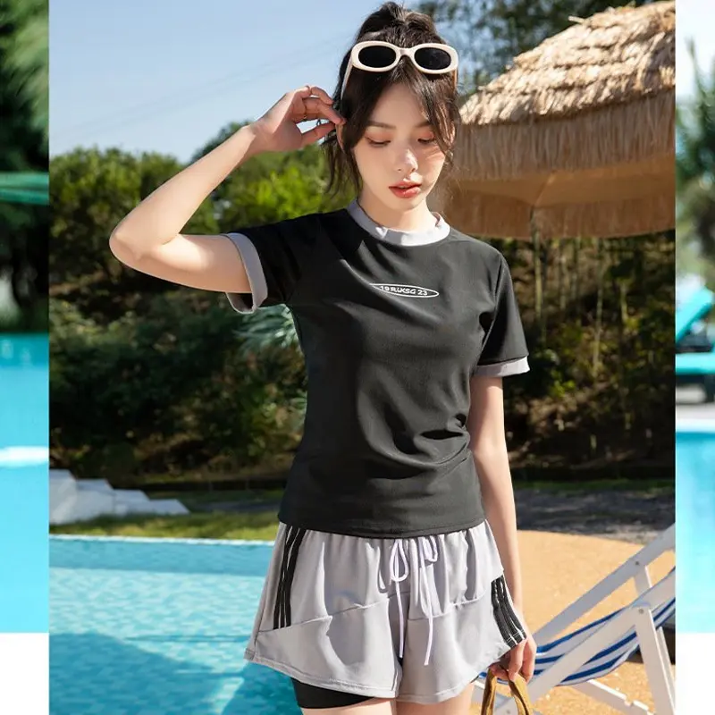 Bộ đồ bơi 2 mảnh quần đùi dáng thể thao năng động đi biển,Che bụng,ôm vừa vặn vòng eo,thiết kế cổ tròn thoải mái an toàn Thun Đồng 2