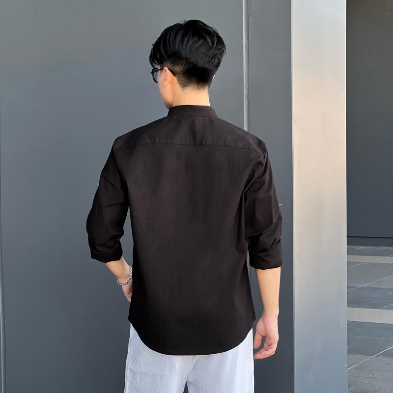 ICANO MENSWEAR Áo Sơ Mi Cổ Tàu Dài Tay Vải Linen Co Giãn Màu Đen 7