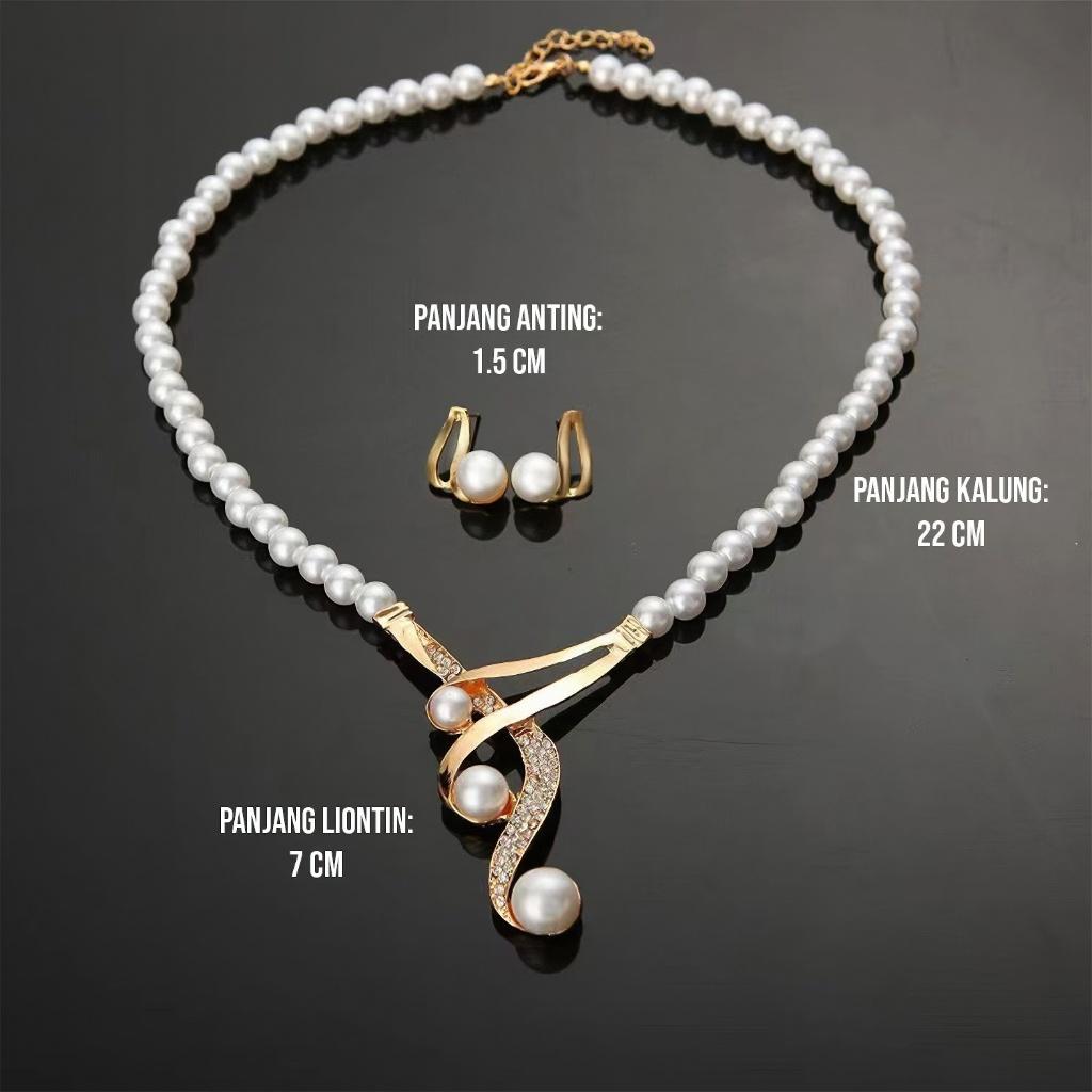 Set Paket 2 In 1 Kalung Dan Anting Mutiara Dengan Liontin Motif Lengkung Mewah Feminim SAK-7009