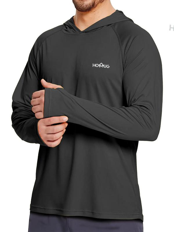 Men's Loose Letter Print Long Sleeve Hooded Rashguard, Quick Dry Lightweight Sun Protection Thumb Holes Top for Outdoor Activities, Men's Sport & Outdoor Clothing for Fall & Winter, Gym Tops 9