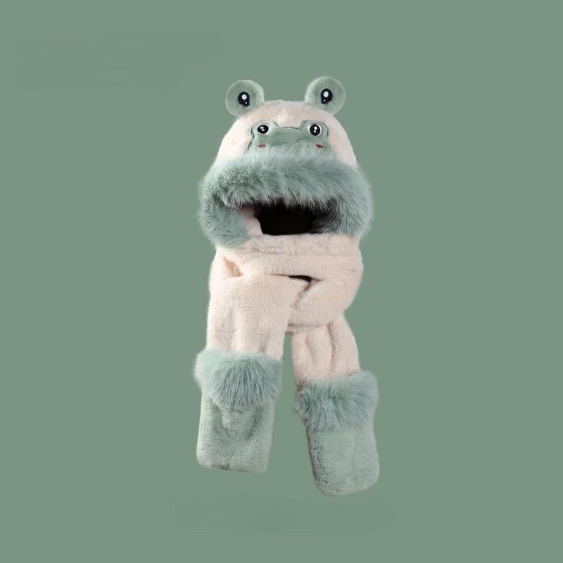 MŨ ẾCH Người Lớn 3in1 mũ trùm đầu kèm khăn quàng cổ và xỏ tay siêu ấm Women Cap Voi Hat