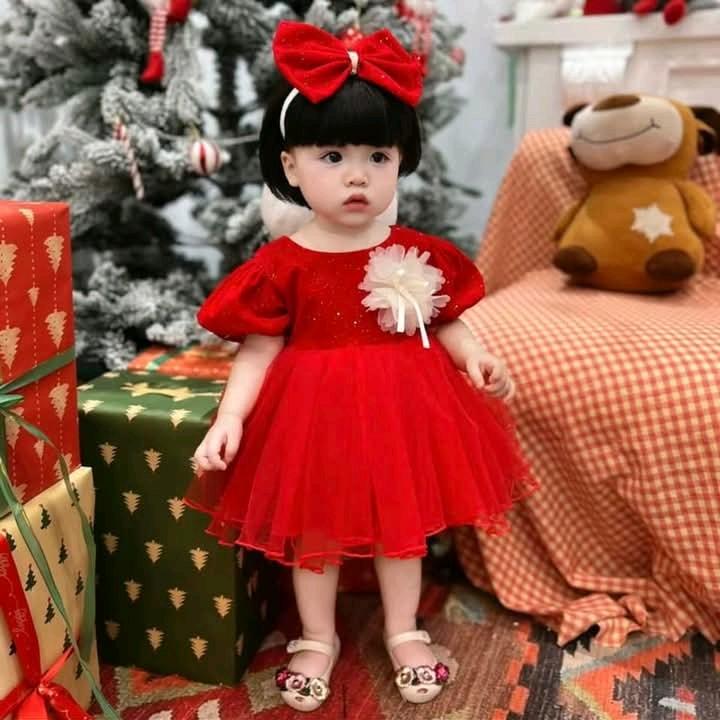 váy tolita đỏ ren nhung tuyết nơ hoa trắng kèm cài nơ 3