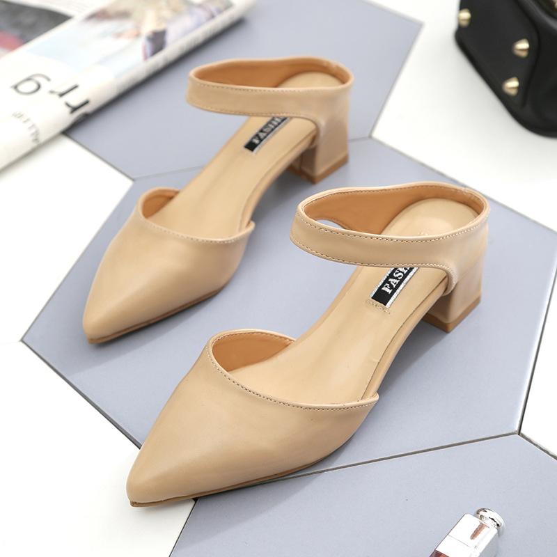 Product Introduction of 2024 Spring and Summer New Slippers Female Pointed Chunky Heel Semi-Slipper 4