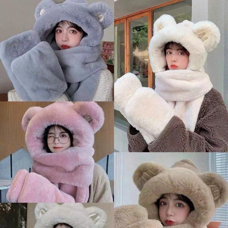 Mũ lông cừu kèm khăn 3in1 chất len bông cho nữ - Women Nón Hat Cap