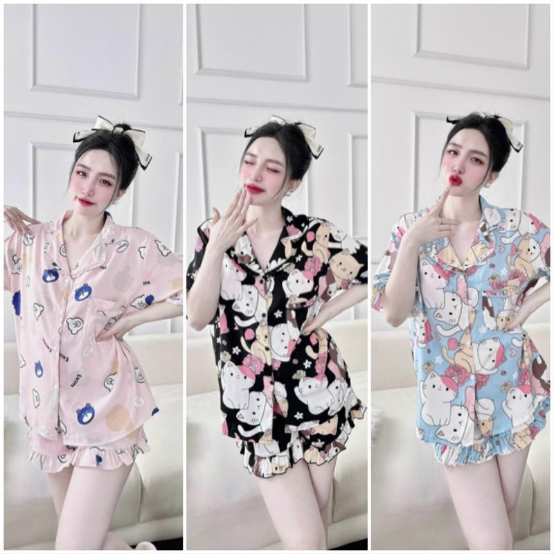 Đồ ngủ bigsize 50 đến 100kg chất lụa hàn mềm mát áo tay ngắn quần ngắn bèo nhún nhiều hoạ tiết mặc mùa hè Nữ đồngủ ren pijama  lụa cổ pijama  lụa bộ