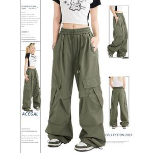 American Retro Military Green Cargo Pants Women's High Waisted Loose Hip Hop Pants Casual Trousers Womenswear Bottom Lingerie Pocket
