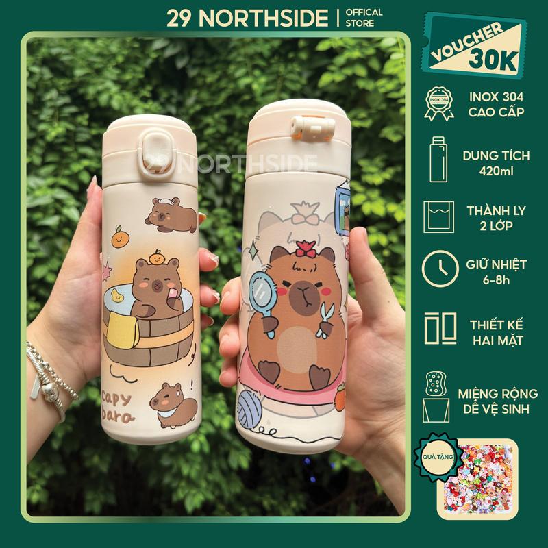 29NS-(Tặng Charm) Ly Giữ Nhiệt CAPYBARA Dung Tích 420ml Chất Liệu Inox 304 Cao Cấp, Bình nước cu shin Giữ Nhiệt Có Nắp Bật đơn giản bền