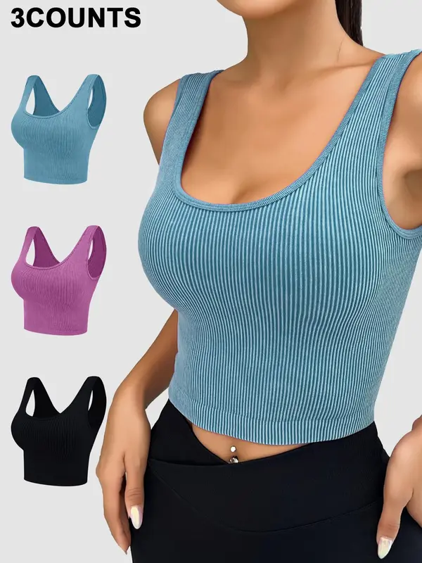 Women's Solid Scoop Neck Ribbed Sports Vest, Casual Comfy Breathable Quick Drying Sleeveless Crop Top for Yoga Gym Workout Running, Activewear, Ladies Sportswear Clothing for All Seasons Indoor Outdoor Wear 7