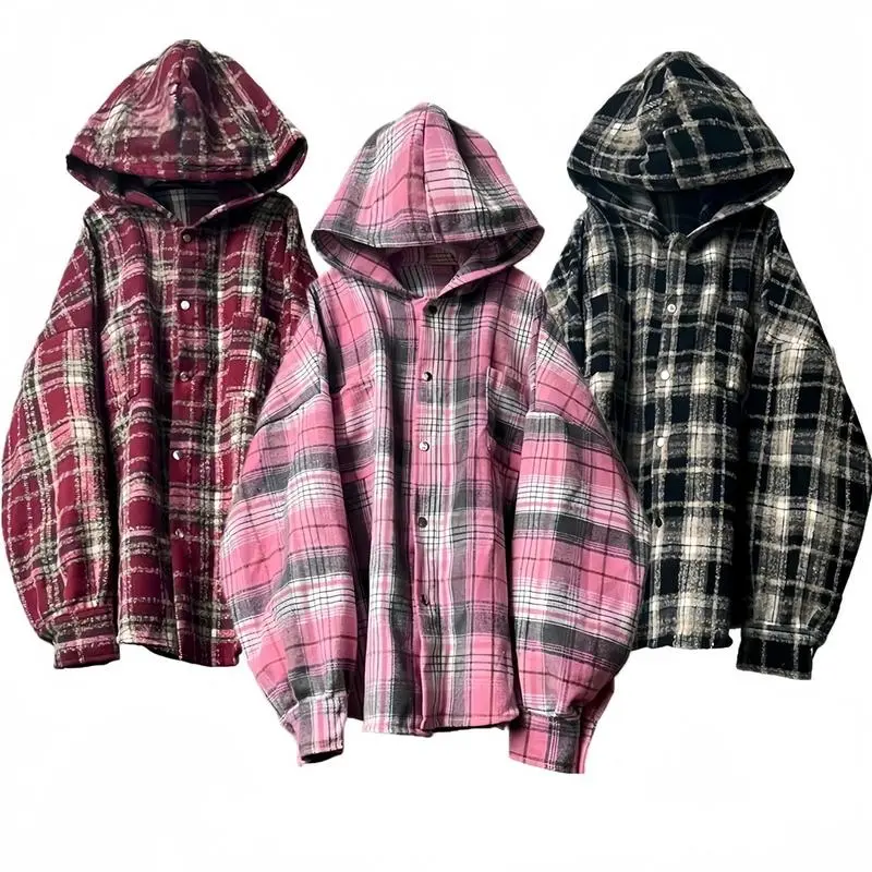 Áo chống nắng Flannel Dài Tay Sọc Caro Có mũ Form Rộng Hàn Quốc Unisex, Chất Liệu Dạ Kẻ lông Nam Menswear áo  khoác  sơ  mi  caro  có  mũ