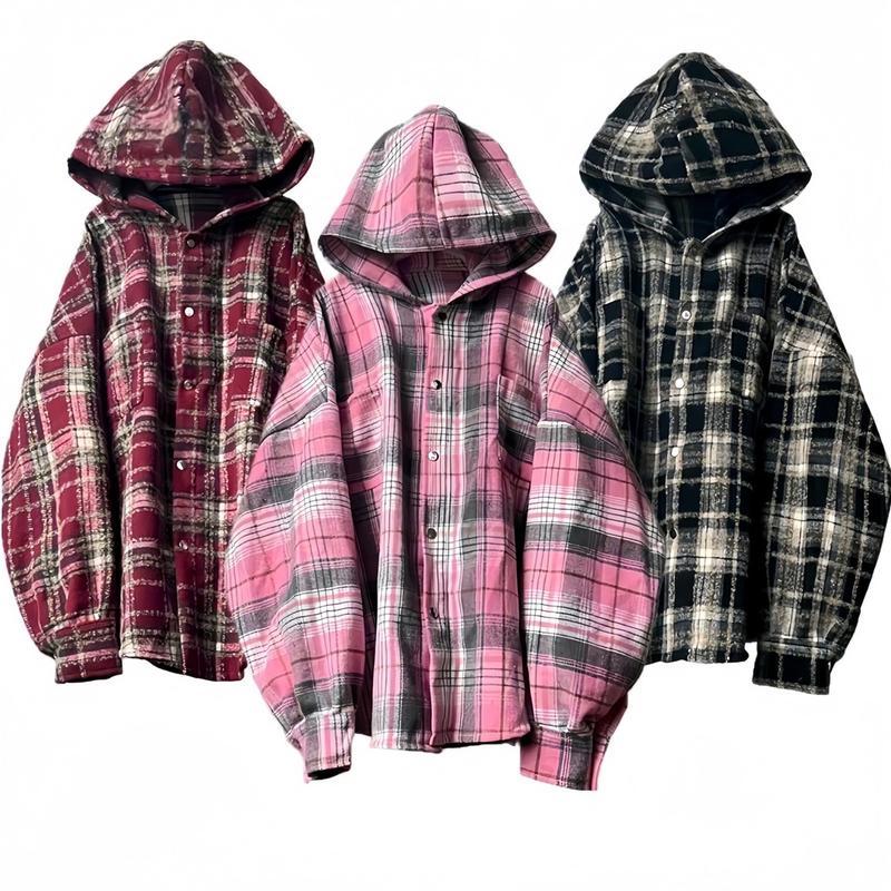 Áo chống nắng Flannel Dài Tay Sọc Caro Có mũ Form Rộng Hàn Quốc Unisex Chất Liệu Dạ Kẻ lông Nam Menswear áo khoác sơ mi caro có mũ