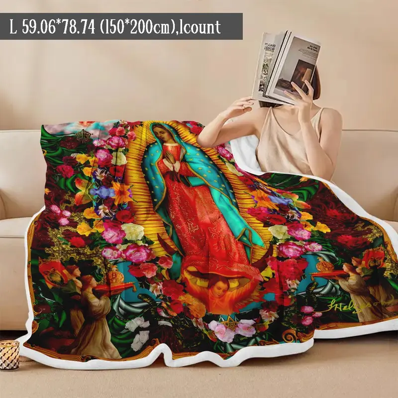 Floral & Virgin Mary Pattern Blanket, 1 Count Soft Warm Throw Blanket, Air-conditioned Room Blanket, Warm Nap Blanket for Home & Office 2