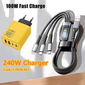 240W Charger 4 in1 Kabel Charger 3 in 1 100W Fast Charging Multi USB Nylon Braided Universal Type-C & Micro Kabel Data Transparan 120cm Anti-lilit