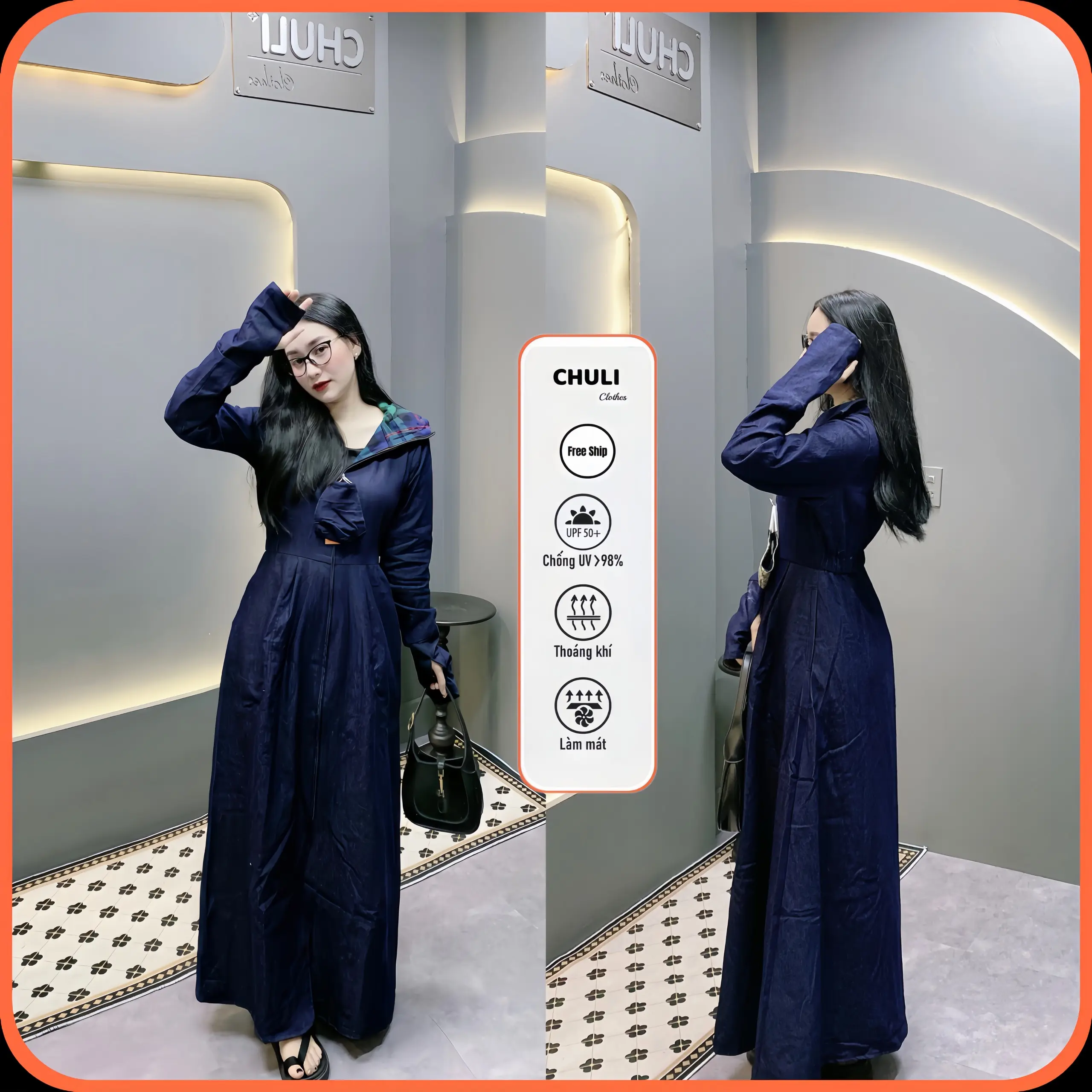 Áo chống nắng nữ toàn thân vải bò jean 2 lớp dáng xòe không xẻ sau che kín chân - Áo chống nắng jean toàn thân - Chuli áo chống nắng