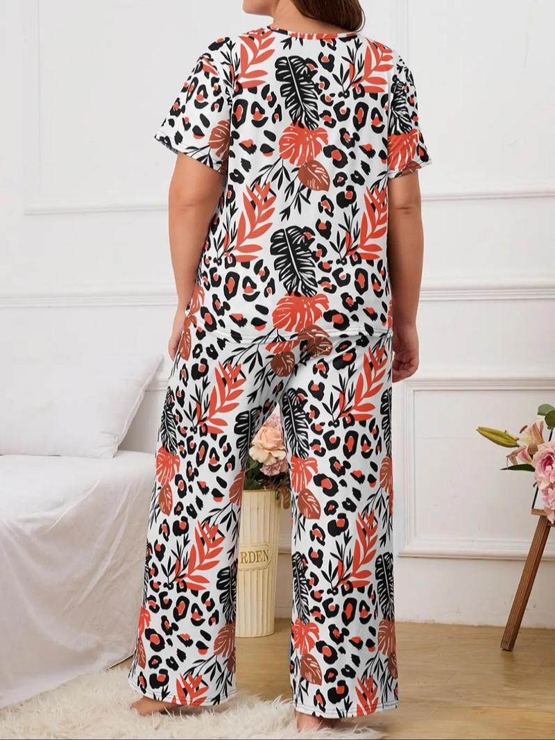 Product Introduction of 2 Pieces Plus Size All Over Print Pyjama Set, T-shirt & Trousers Two-piece Pj Set, Plus Size Clothing for Daily Home Wear, Casual Pyjamas for Women, Women's Sleepwear, Lounge Set for Women, Summer Clothes Women, Pajamas Sets Women 21