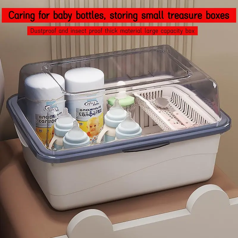 Bottle Storage Box Large Capacity Flip Dust-Proof Draining Rack with Lid for Baby Solid Food Tableware Toy Storage Box Organiser Photo