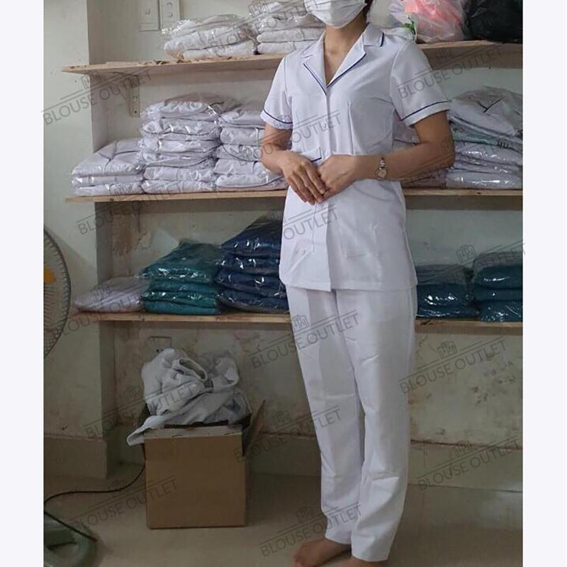 Bộ quần áo blouse trắng có viền xanh Cotton Cao Cấp cho y tá điều dưỡng, đồng phục dược sỹ, thẩm mỹ viện, phòng khám 2