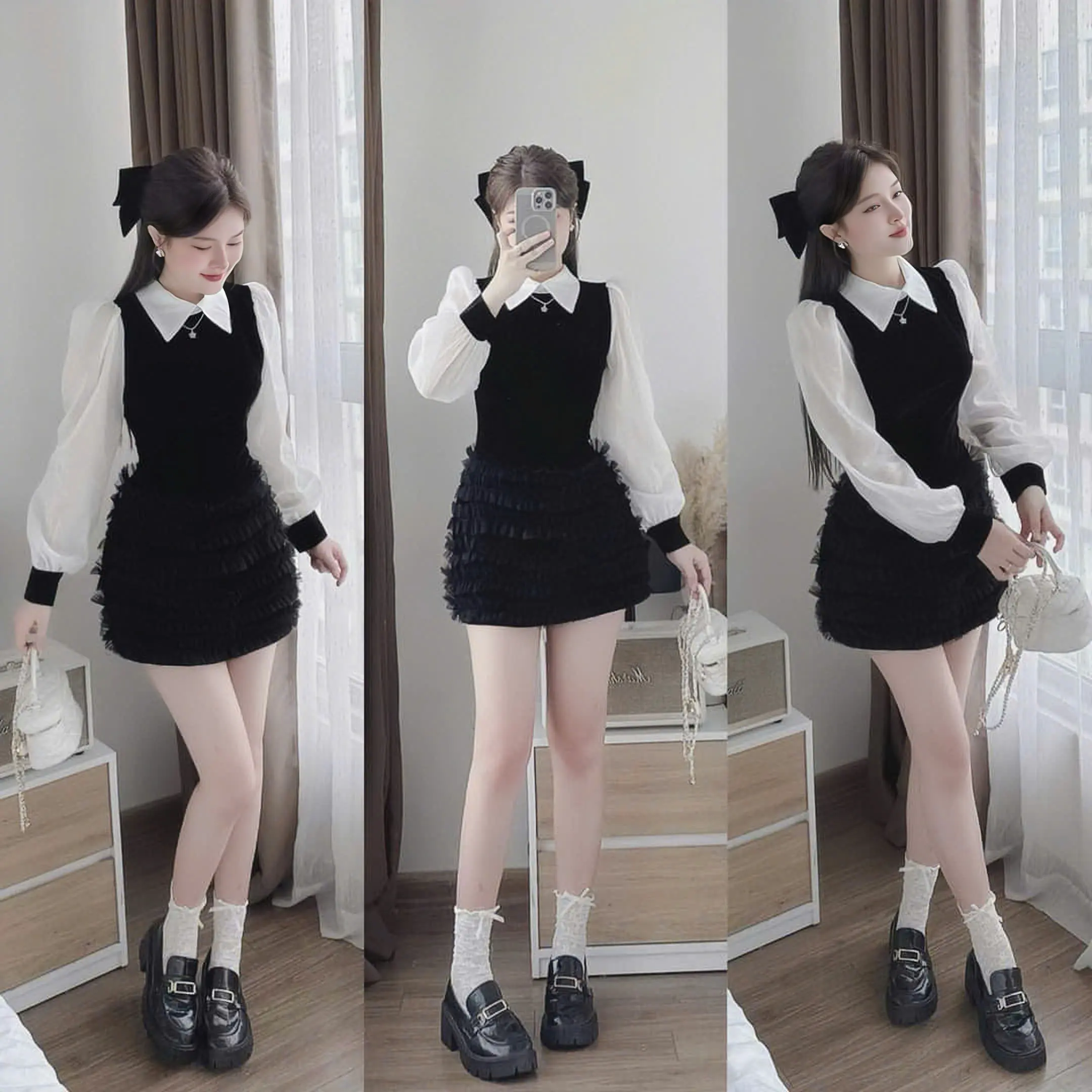 Đầm váy nữ nhung cứng phối voan thiết kế cổ bẻ dài tay from ngắn [có lót] xinh xắn tông dáng dành cho các nàng diện đi chơi,đi tiệc.  Women top
