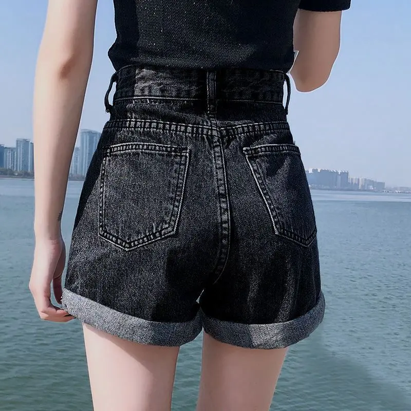 Quần Short Denim, Màu Xám Đen, Dành Cho Nữ, Mùa Hè 2023 Hàng Mới Về, Cạp Cao, Mỏng Vừa Vặn, Ngoại Cỡ, Dáng Rộng Vừa Vặn, Phong Cách Hàn Quốc, Dễ Phối Đồ, Thích Hợp Cho Người Nổi Tiếng Trên Internet, Quần Hot Jean Women Pants