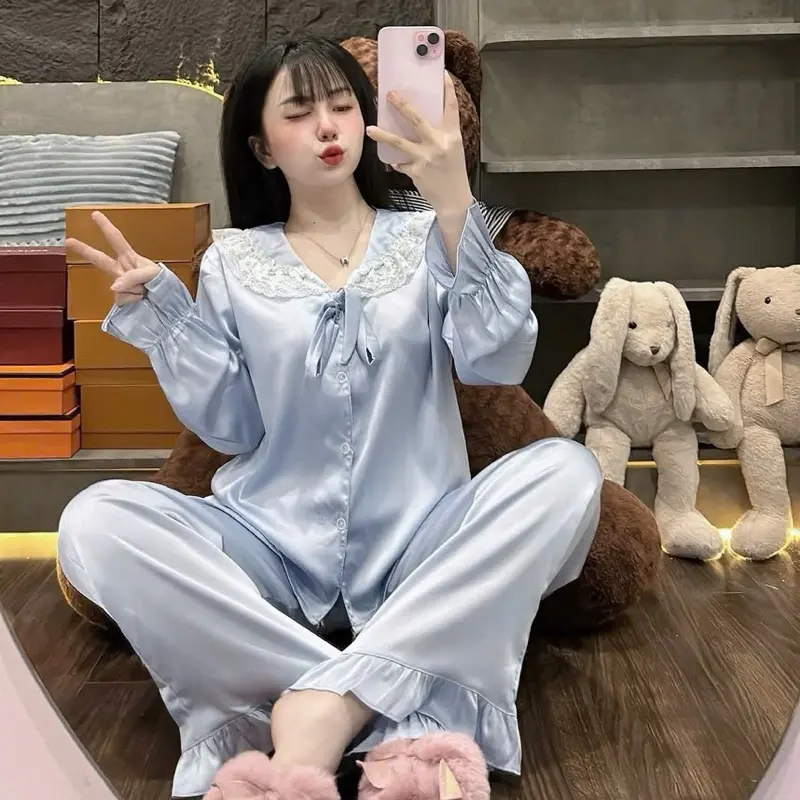 Đồ Bộ Pijama Tiểu Thư Chất Liệu Lụa Latin, Vải Mềm Mịn Thoáng Mát Free Size 40-62kg, Mặc Ngủ Mặc Ở Nhà Đều Rất Xinh m18
