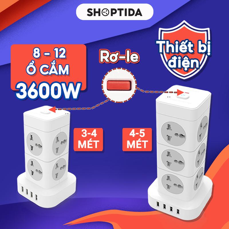 Ổ Cắm Điện Đa Năng T8 / T12 SHOPTIDA Ổ Điện Hình Tháp Nhiều Lỗ Cắm Chịu Tải Cao 3600W Kèm 4 cổng USB Công Suất Tổng 17W Chất Liệu Nhựa An Toàn Chống Cháy, Các Lỗ Cắm Có Thanh Gạt Chống Giật, Dây Dài 3-4m