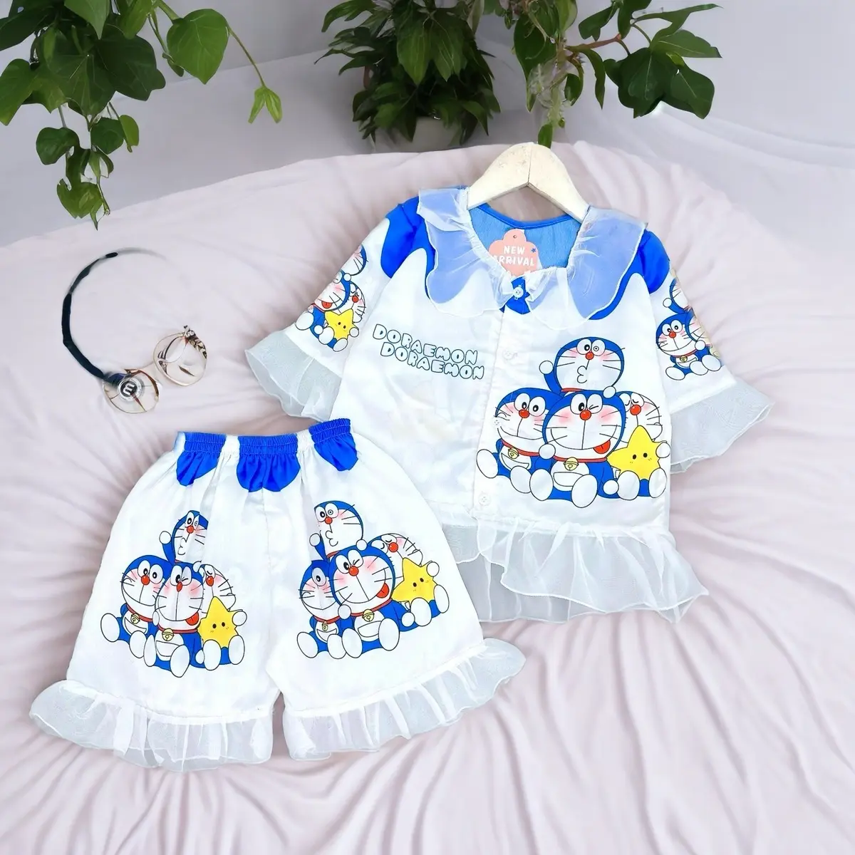 Set lụa viền bèo doreamon cho mẹ và bé 20-52kg mặc nhà siêu xinh