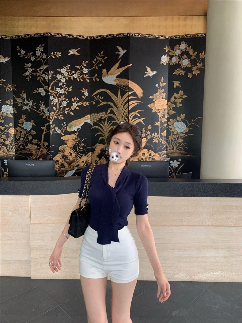 Product Introduction of CQ-Korean Style Ribbon  Short-Sleeved Knitted T-shirt Women's Summer Waist Elegant Slightly Mature Style Chic Blue Top SS24 [1470] 10