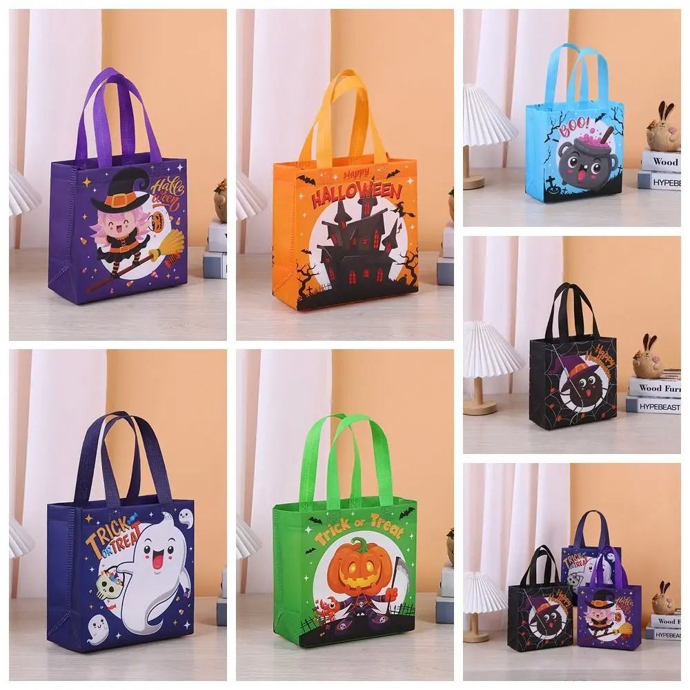 Cute Ghost Halloween Non-woven Handbag Large Capacity Trick or Treat Bag Halloween Gift Bag Castle Printed Pumpkin Bag Children