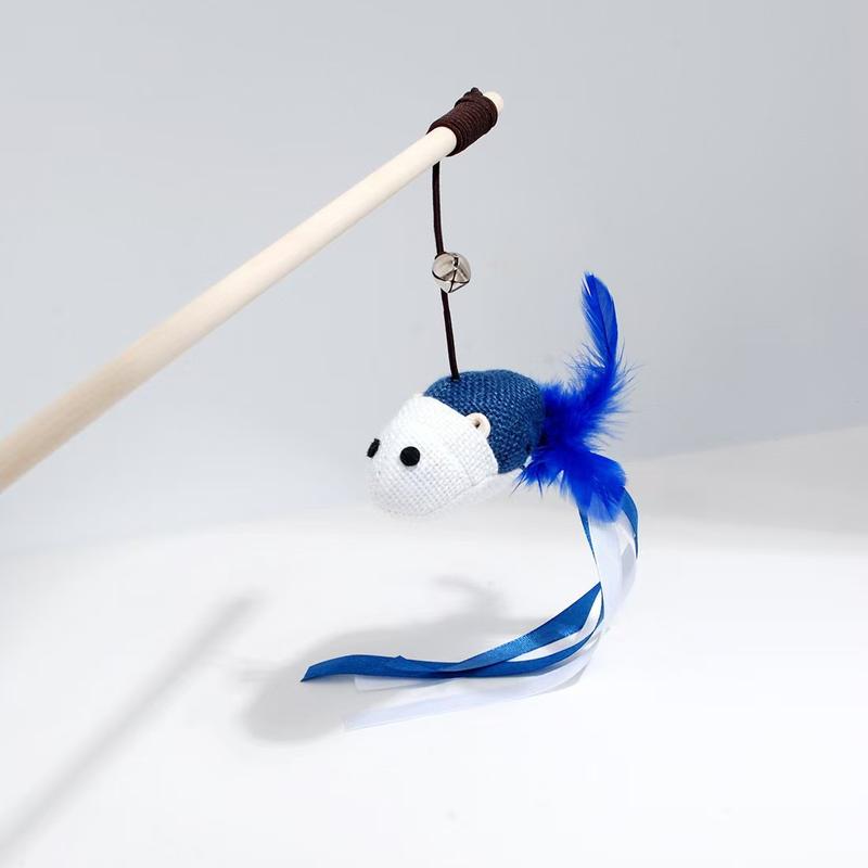 Product Introduction of 🔥 Cat Teaser Canvas Wooden Rod Mouse Bell Feather Elastic String Wear-Resistant Bite-Resistant Self-Hi Relieving Stuffy 4