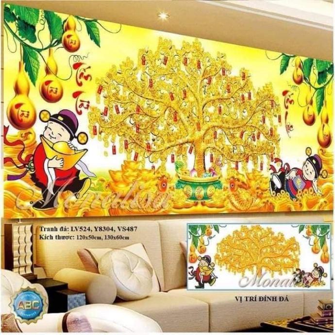 Tranh đính đá cây tiền vàng KT:120x55cm, tranh chưa đính và chưa khung