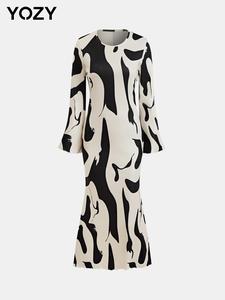 YOZY Women's All Over Print Flounce Sleeve Mermaid Dress, Casual Long Sleeve Round Neck Long Dress for Daily Wear, Ladies Clothes for All Seasons