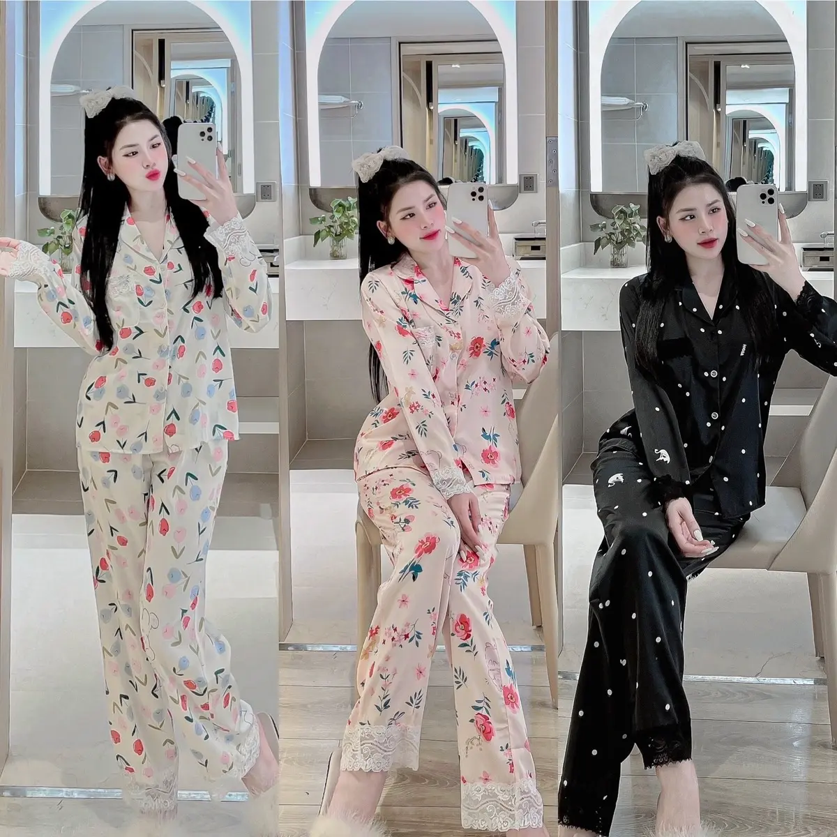 Đồ bộ pijama mặc nhà nữ  La tin phối ren Tay dài Áo Ngủ Nữ Áo Nhung